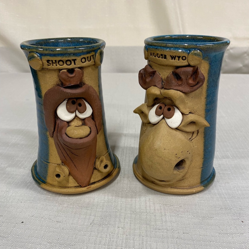 Vintage Pair of Unique Pottery Mugs